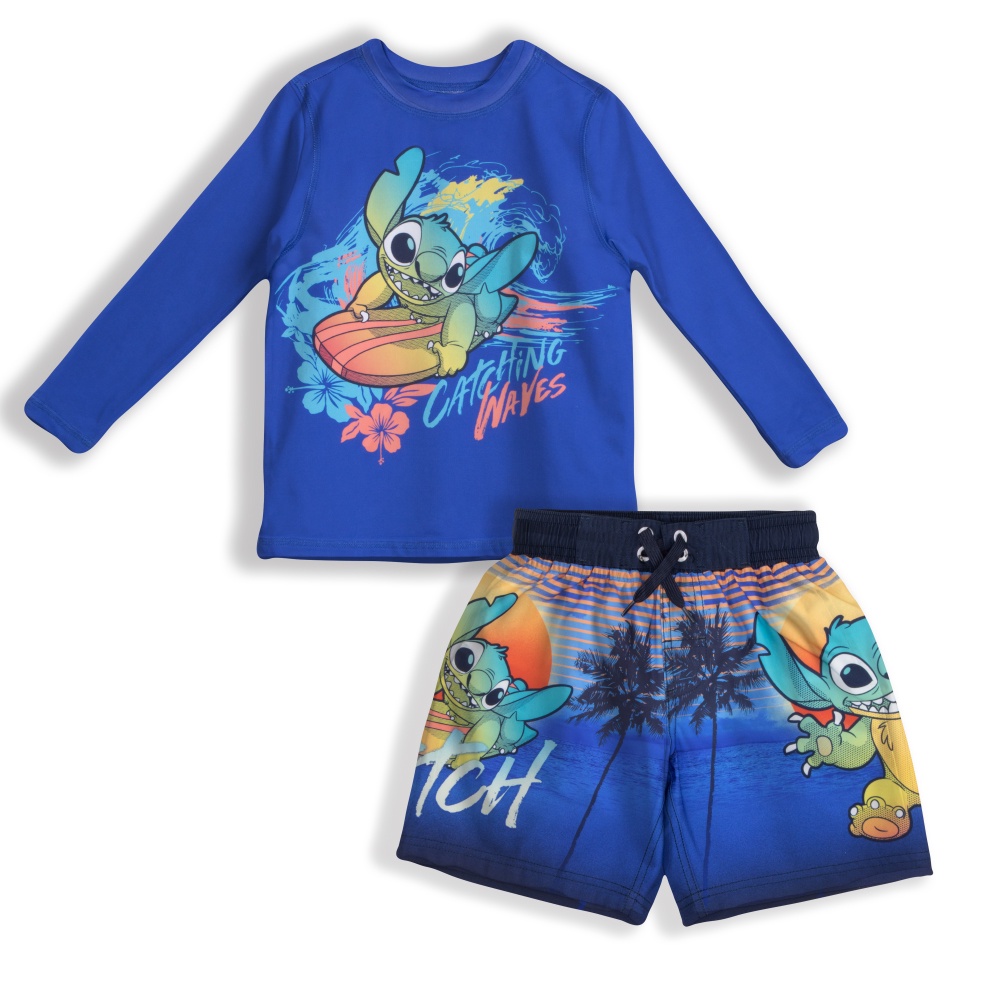 Disney Lilo \u0026 Stitch Boys Swim Wear Rash Guard 2 Piece Surf Set - Printed Long Sleeved Rash Guard and Swim Trunks for Kids (Sizes 4-12)